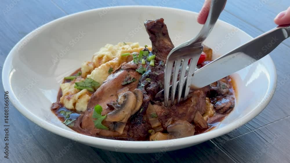 Eating a Plate of Chicken Coq au vin with Mashed Potatoes and Mushrooms 