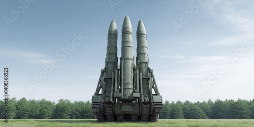 Missile launch system with rockets, military defense strength. Arming the country, threat of missile attack 