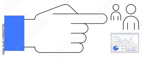 Large hand pointing toward two minimalistic figures with a data dashboard nearby. Ideal for recruitment, analytics, teamwork, leadership, goal setting, strategy, and a simple landing page