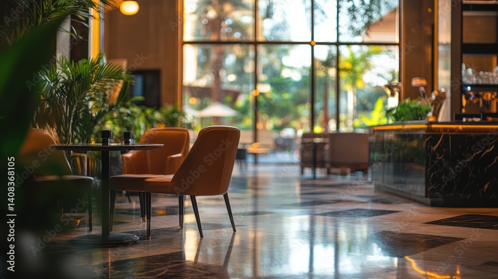 Luxurious Hotel Lobby with Comfortable Seating and Tranquil Views Luxurious Hotel Lobby with Comfortable Seating and Tranquil Views