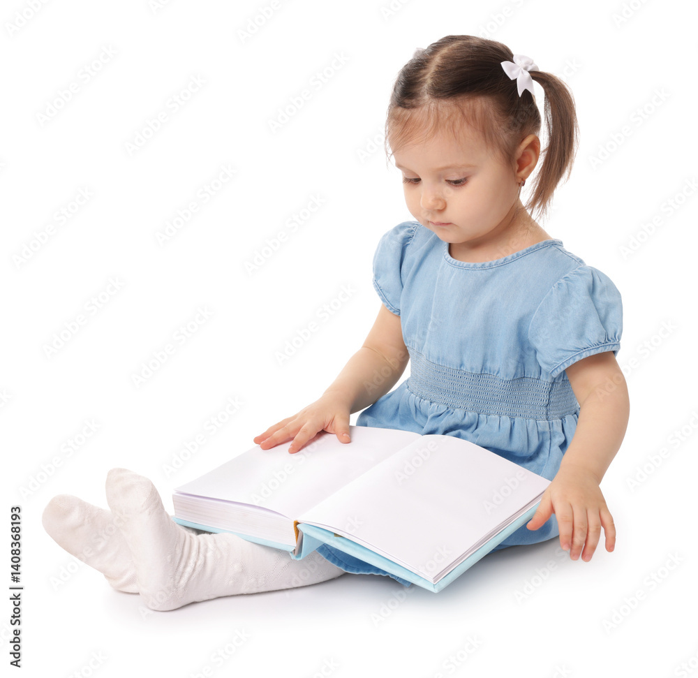 Cute little girl reading book on white background Cute little girl reading book on white background