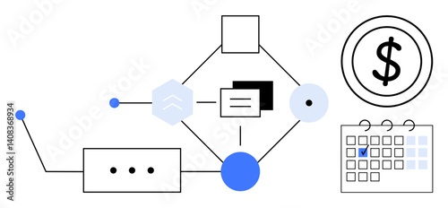 Financial workflow process with nodes, calendar icon, and dollar sign. Ideal for planning, budgeting, finance, data management, organization project tracking analytics. Flat simple metaphor