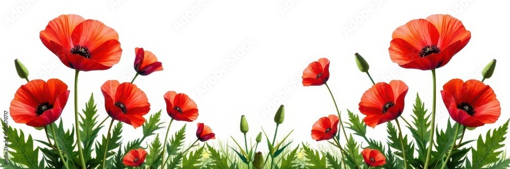 Fototapeta premium Vibrant red poppies, lush bloom, isolated on white , stem, white