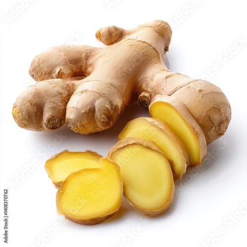 Fresh ginger root and slices on white background