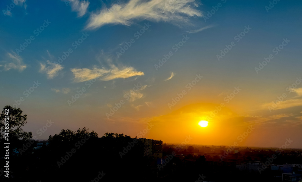 sunset over the mountains, clouds pattern in blue sky background, nature photography 