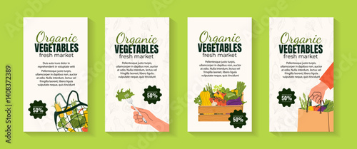 Set with modern templates with vegetables for Local Farmers Market, Organic Farm, Harvest Festival, Agricultural fair. Announcement for seasonal fair fork with salad. Healthy lifestyle	