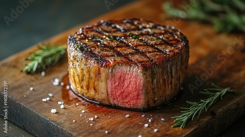 Perfectly grilled steak, juicy and seasoned.  A savory, cooked cut of beef, ready to eat.  