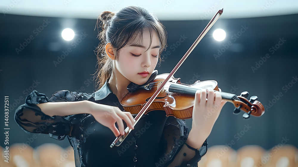 Fototapeta premium Young Woman In Black Lace Dress Playing Violin On Stage Under Spotlights With Expressive Poise And Focused Concentration