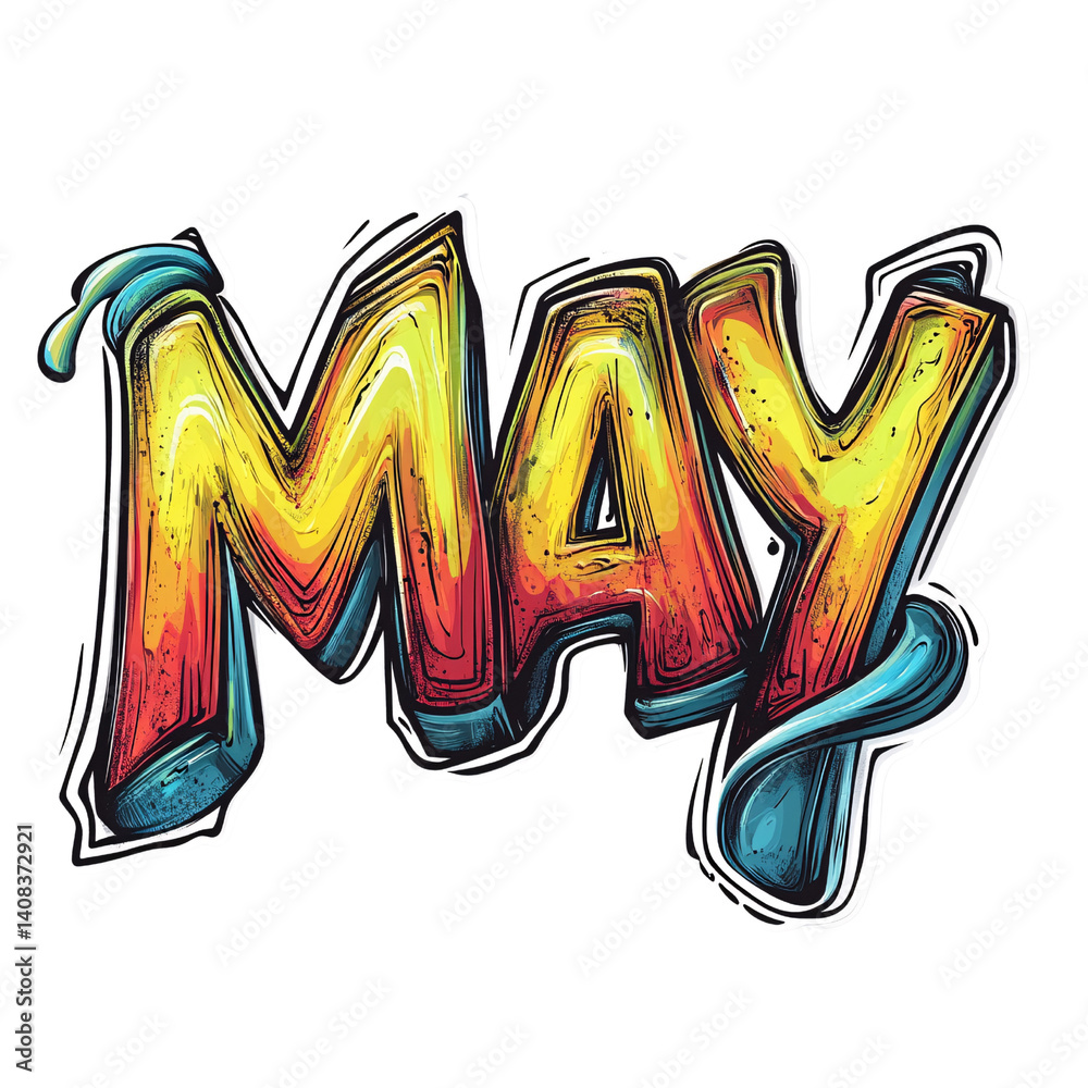 Naklejka premium Graffiti style illustration of the word May with vibrant colors on a transparent background Concept of spring, calendar, and urban art