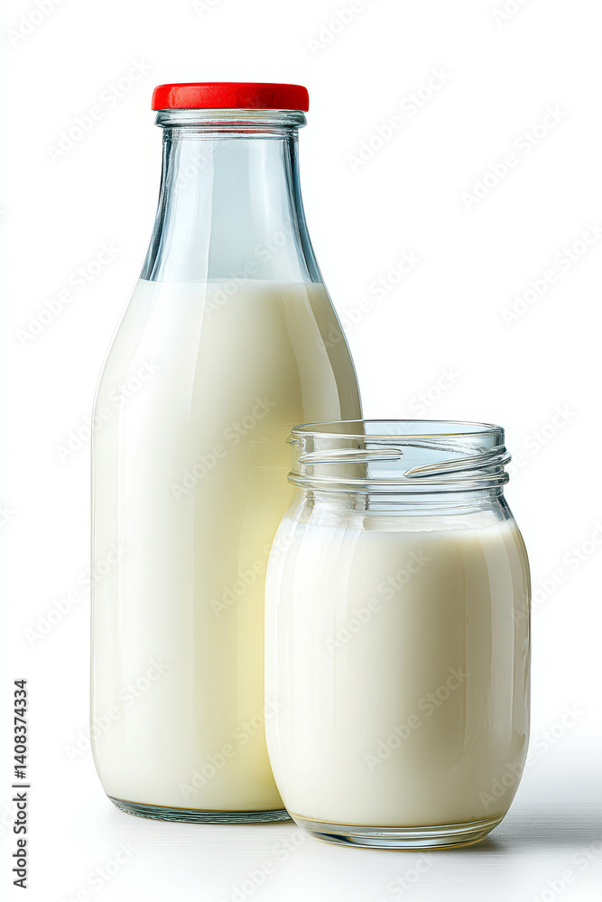 Fresh organic milk in a bottle and jar stands out beautifully on a crisp white background