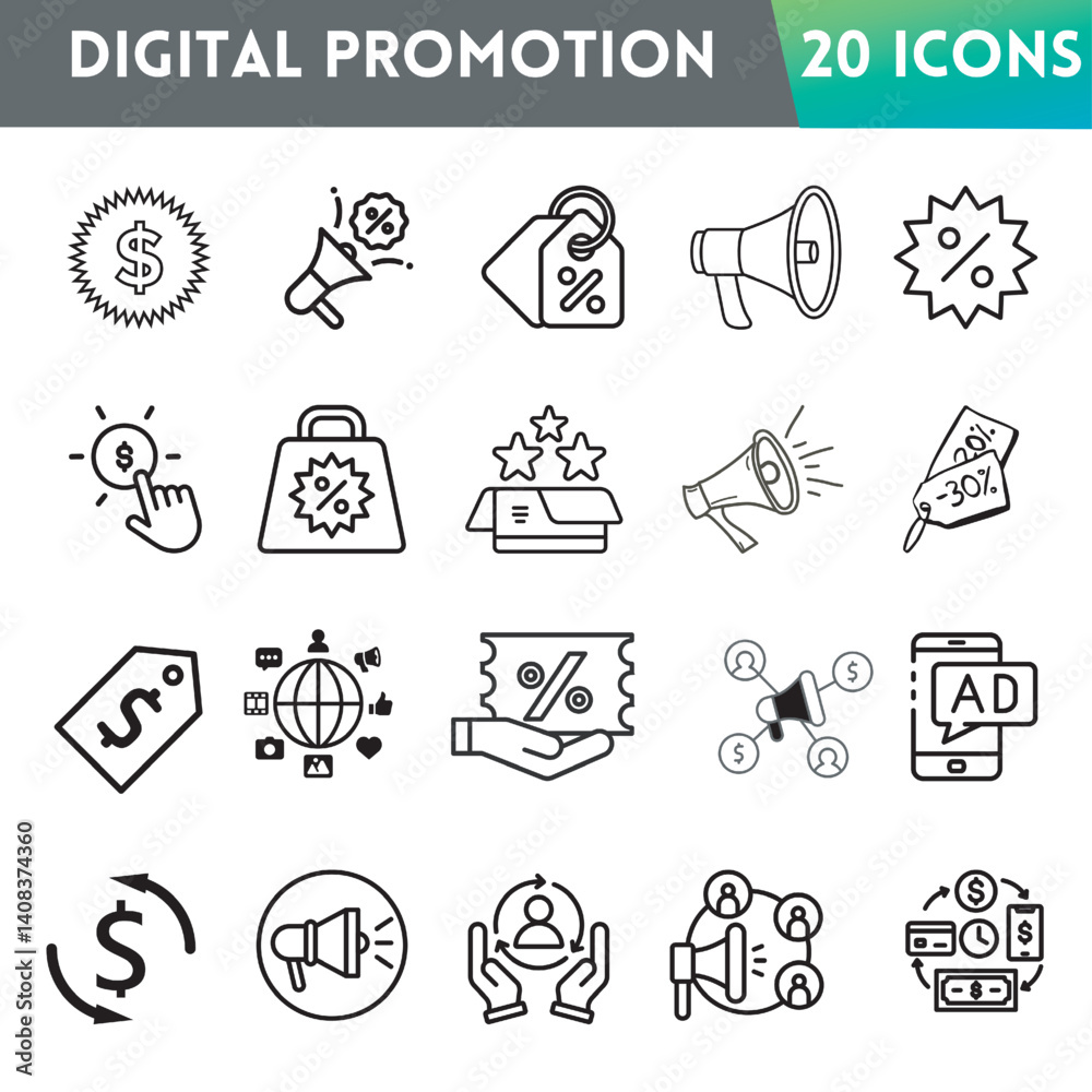 Fototapeta premium 20 Icons of Digital Promotion. Vector Illustration