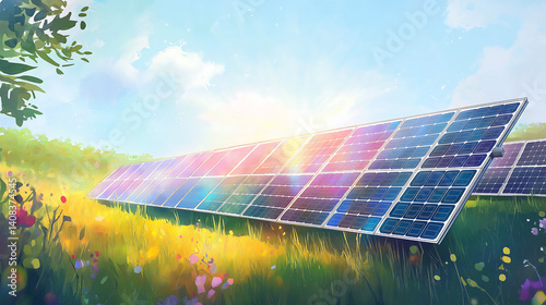 Solar panels in field for renewable energy sustainable power generation photo