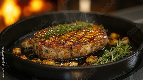 Perfectly seared steak with roasted garlic and herbs