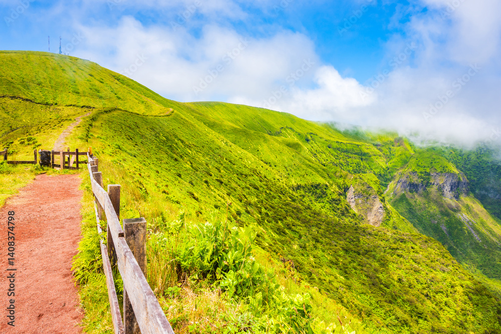 Path along volcano crater green valley caldera, Faial island, Azores, Portugal
