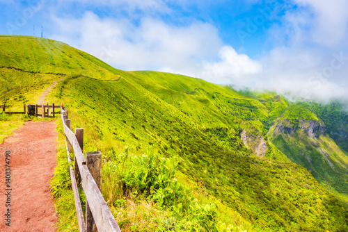 Obraz na płótnie Path along volcano crater green valley caldera, Faial island, Azores, Portugal w salonie