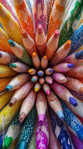 Colorful crayons arranged in an intricate pattern, close-up shot to capture every detail and texture on the pencils, perfect as a wallpaper or poster design.