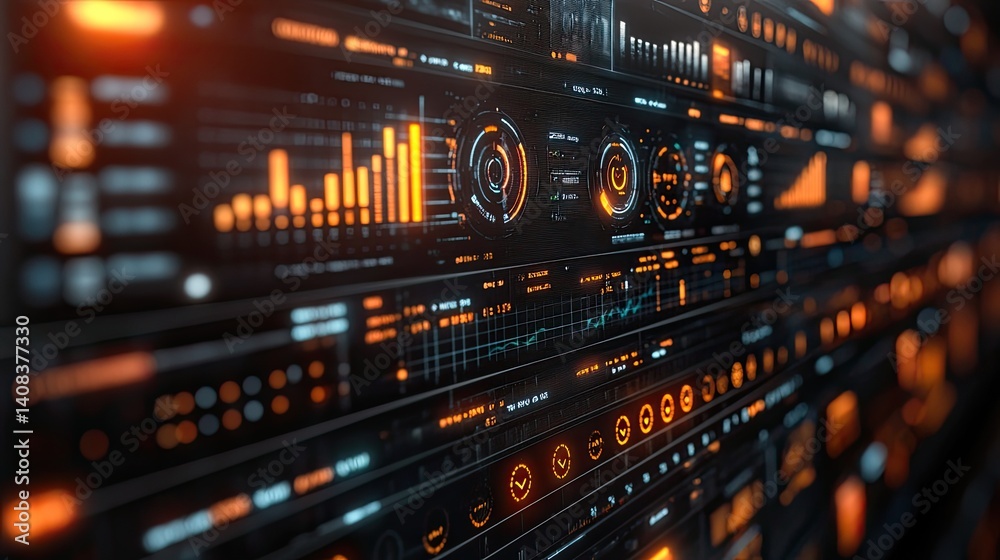 Detailed visualization of a data processing system with glowing orange indicators Detailed visualization of a data processing system with glowing orange indicators