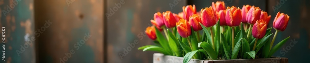 Obraz premium Vibrant tulips burst from rustic wooden planter, rustic, orange, colorful