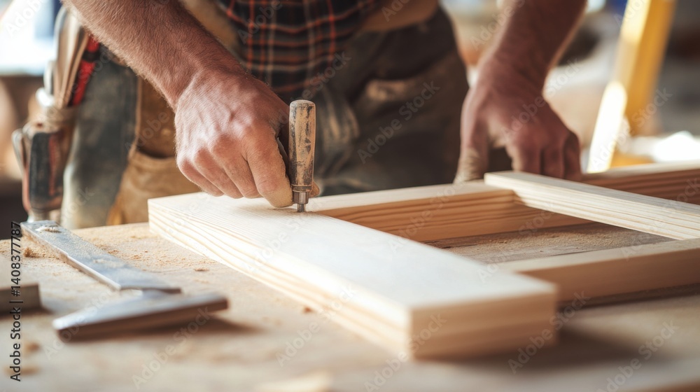 Carpenter installing windows at a construction site. Featuring precision and skill Carpenter installing windows at a construction site. Featuring precision and skill
