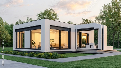 Modern architecture house design suburban location exterior view evening light contemporary concept