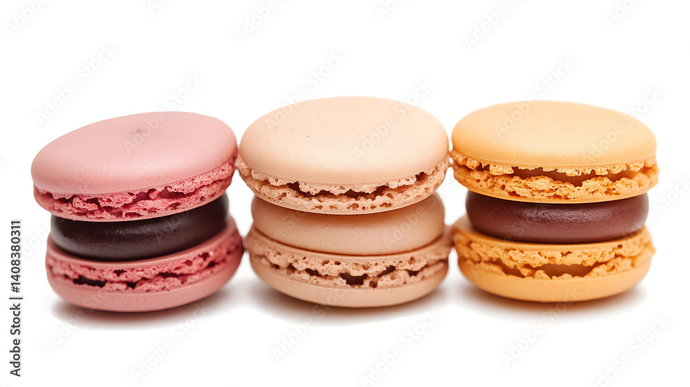 Fototapeta premium Three different colored macarons are stacked on top of each other. The macarons are pink, orange, and brown