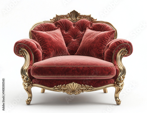Opulent crimson velvet loveseat with ornate gold detailing.  A luxurious piece of furniture perfect for a grand setting.
