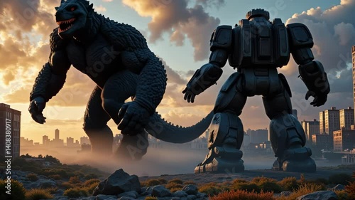 Giant monster battles robot in cityscape during sunset