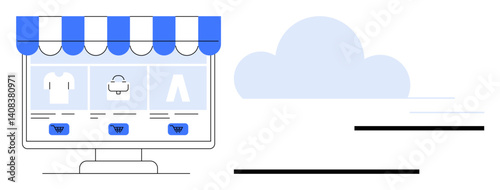 Desktop screen displaying an online clothing store with a striped awning and product icons, connected to a cloud. Ideal for e-commerce, retail, cloud technology, shopping trends, digital innovation
