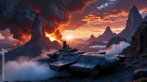 Spaceship in dramatic landscape with volcanoes and sunset in the background