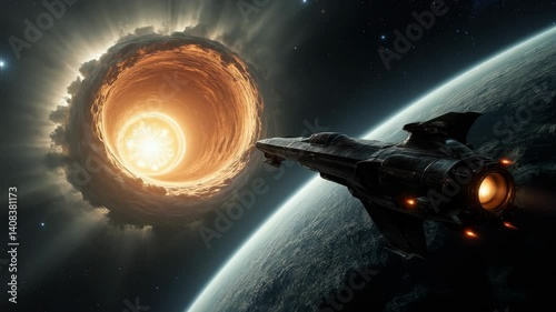 Spaceship travels through cosmic portal near distant planet in breathtaking celestial display