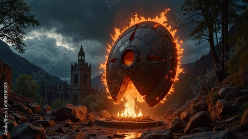 Ancient shield rises from flames in mystical landscape at twilight