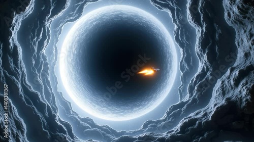 Spaceship travels through a cosmic vortex with bright propulsion in deep space