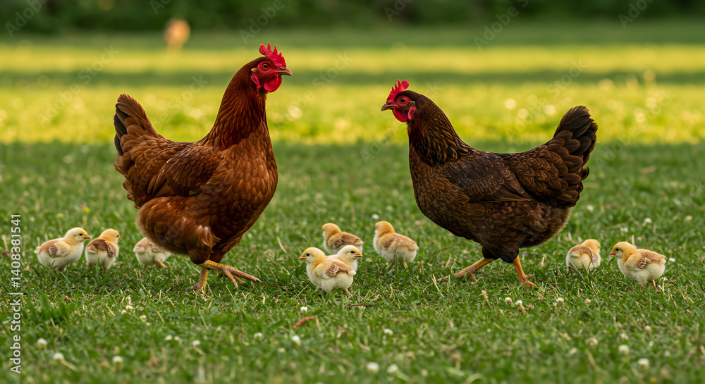 Fototapeta premium Hen And Chicks On Grassland In Rural Setting On Sunny Day
