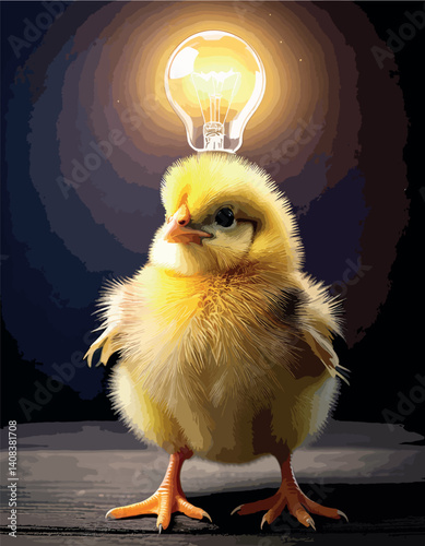 chick with a new idea. yellow bird with a light bulb in its head. vector illustration