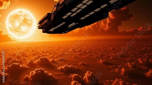 Spacecraft traverses vibrant skies during a breathtaking cosmic sunset over an alien landscape