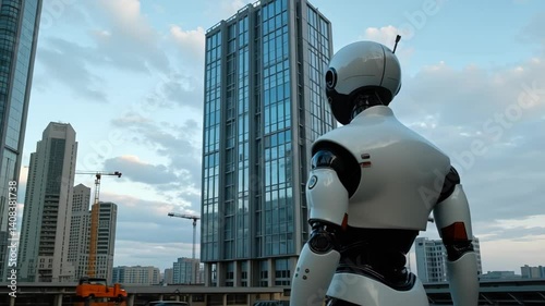 Robotic figure stands tall among modern skyscrapers as clouds gather at dusk in an urban landscape