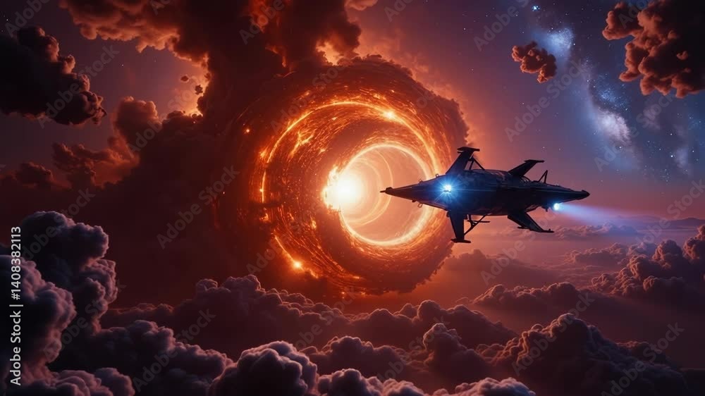 Exploring a cosmic portal with a futuristic spaceship among vibrant clouds in deep space