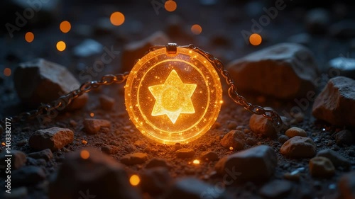 Glowing star emblem resting on rocky surface amidst scattered glowing particles at twilight