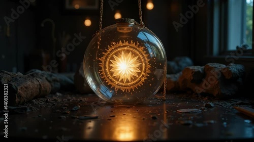 Unique glass orb with glowing compass design on table in cozy dimly lit room