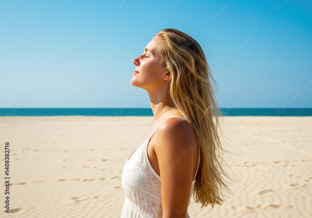 A beautiful woman enjoys the sunlight with closed eyes, on a sandy beach with blue sea.