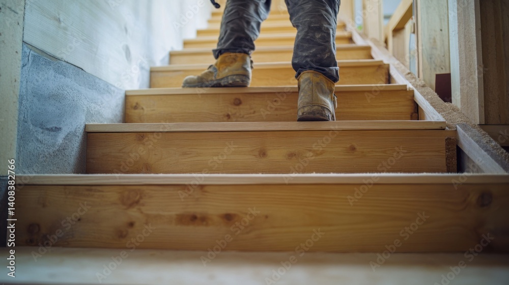 Carpenter installing a wooden staircase in a house. Featuring craftsmanship and precision Carpenter installing a wooden staircase in a house. Featuring craftsmanship and precision