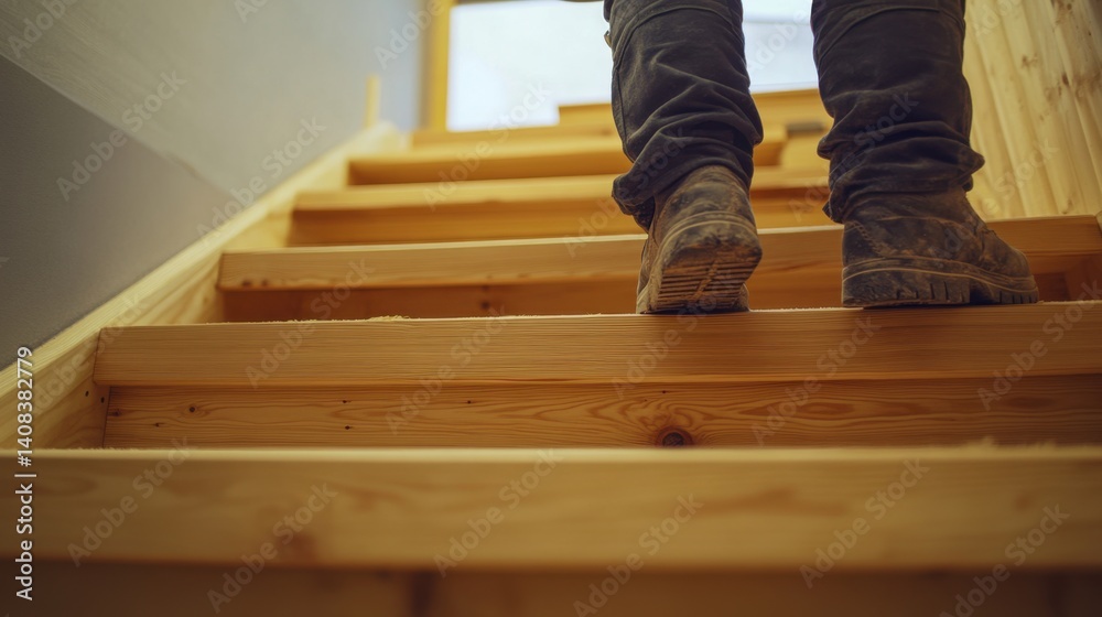 Carpenter installing a wooden staircase in a house. Featuring craftsmanship and precision Carpenter installing a wooden staircase in a house. Featuring craftsmanship and precision