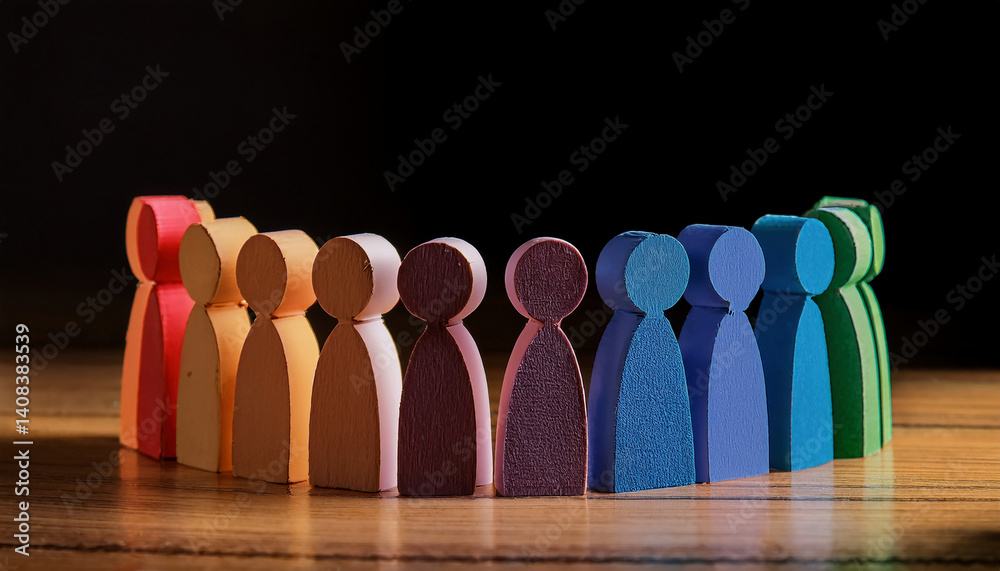Colorful wooden human-shaped figures stand in a semi-circle on a wooden surface, symbolizing unity, diversity, inclusion, and community through vibrant representation and equal positioning. Colorful wooden human-shaped figures stand in a semi-circle on a wooden surface, symbolizing unity, diversity, inclusion, and community through vibrant representation and equal positioning.