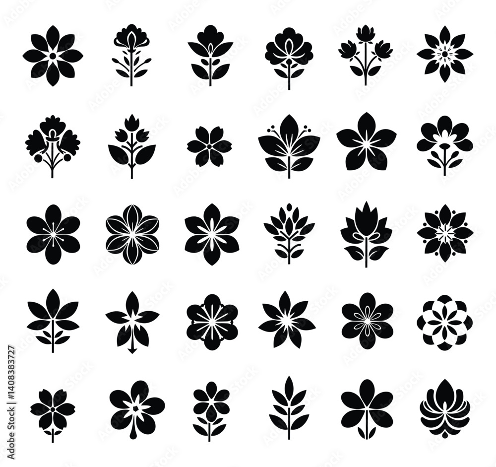 Fototapeta premium Black and White Floral Silhouette Icon Set