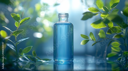 Clear blue bottle of liquid surrounded by greenery