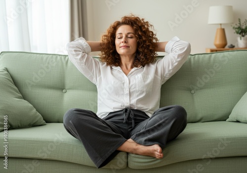 A relaxed woman with red curly hair takes a peaceful moment on a comfortable sofa at home.
