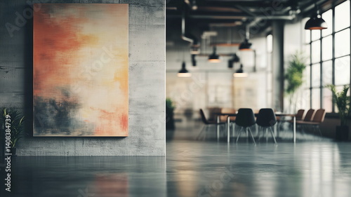 Abstract painting on concrete wall in industrial modern office with moody lighting