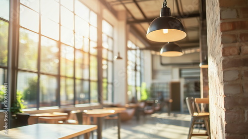 Bright casual office café space with natural lighting and cozy style