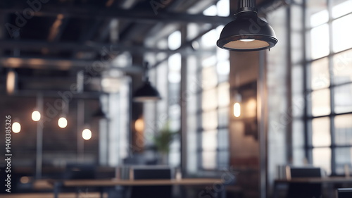Dim industrial office with blurred lighting and hanging pendant lamps