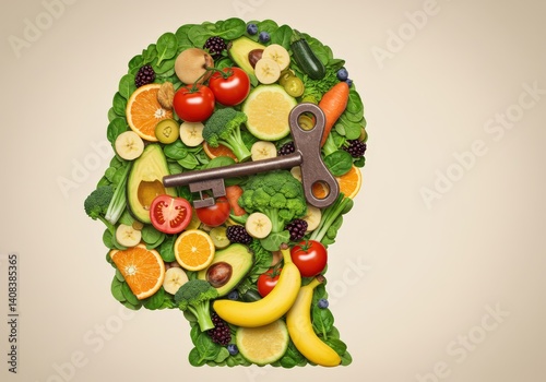 A vibrant human head shape made from fruits and vegetables, with a key inside for health.